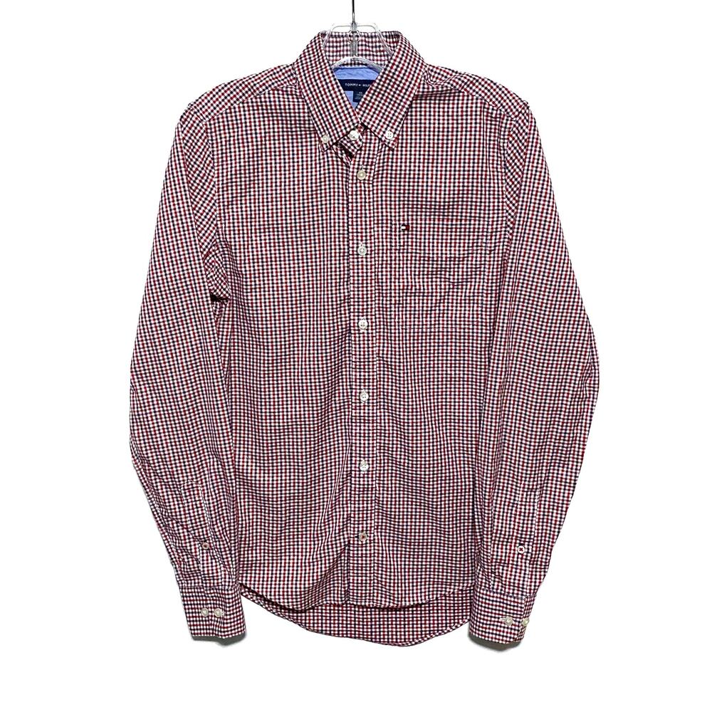 Tommy Hilfiger Button Shirt Men XS Red White Blue Checkered Preppy Office Work
